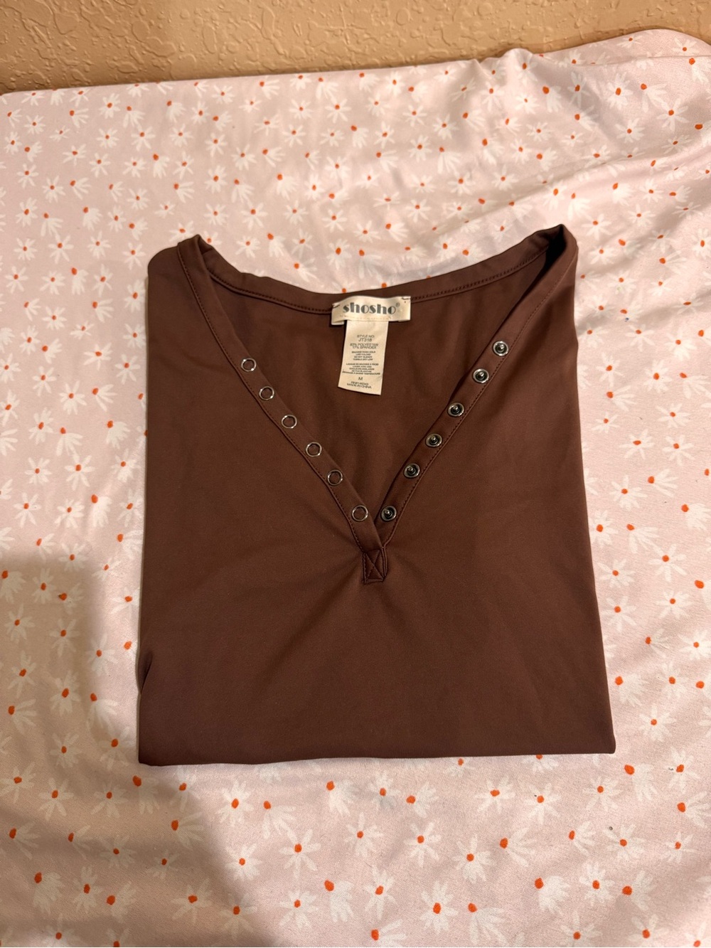 shosho Brown V-Neck Long Sleeve Top with Snap Trim